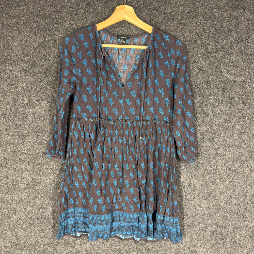 Forever 21 Mini Dress Women M Medium Black Geometric Short V-Neck Tasseled Rayon
